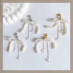 フェミニン 大人上品ピアス【304ステンレス 24kgp】リボン パール バックキャッチ チャーム オーロラビーズ ブライダル チェーン 可愛い イヤリング アレルギー対応