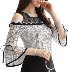 toasoa 母の日 トーアソーア オフショルダー レース ブラウス レディース 春 夏 かわいい おしゃれ きれいめ カジュアル セクシー 肩出し 花柄 刺繍 フリル 七分 袖 トップス フレアスリーブ 04( 04 - 黒 - M,  M)