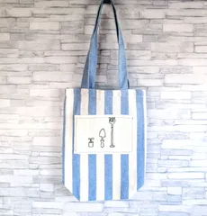 ガーデニング用具のポケット　手縫いの刺繍　ショルダーバッグ　縦長　トートバッグ　2way　ストライプ　コットン　ハンドメイド