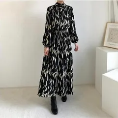 レトロ　ロングワンピース　ブラック　フリーサイズ　1134