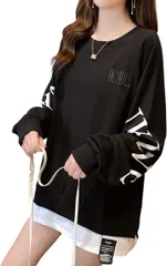 newNE ニューネ 重ね着風 スウェット 袖ロゴ プルオーバー ゆったり オーバーサイズ ロング丈 大きいサイズ レイヤード トレーナー チュニック スポーティー 薄手 3S-W13-BKXL( ブラック,  XL)