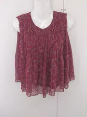 ◇ NATURAL BEAUTY BASIC 総柄 シフォン プリーツ ノースリーブ ブラウス カットソー サイズS ボルドー レディース E  【1303280005383】