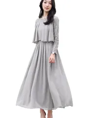 人気商品　レース フリル 大人 結婚式 可愛い シフォン ワンピース 長袖 ミモレ丈 ファスナー レディース 裏地付き フォーマル パーティードレス お呼ばれ 二次会 謝恩会 [Ladyangel] 発表会 卒業式