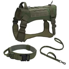 犬 ミリタリー ハーネス 首輪 リード ３点セット ダブルハンドル 軍犬 k9 大型犬 中型犬 カーキ