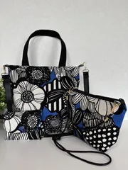 【裁縫ストア・ボヌール】大人かわいい　北欧風　大柄のアートフラワー柄  ブルー　トートバッグ　ポーチ/サコッシュ　ショルダーバッグ　ショルダーストラップ付き  ハンドメイド/ №500-437