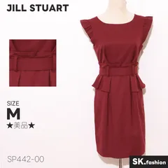 ★美品★ JILL STUART ジルスチュアート ワンピース ひざ丈 ノースリーブ フリル袖 無地 ウエストベルト ペプラム風 　レッド　 【SP442-00】 送料無料　古着　レディース