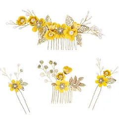 和風 花飾り和装 ヘアアクセサリー 成人式髪飾り 成人式 七五三 花見 夏祭り 母の日 卒業式 髪飾り 入学式 花火大会 着物 結婚式 花嫁 4点セット 披露宴 浴衣 和装 (イェロー)