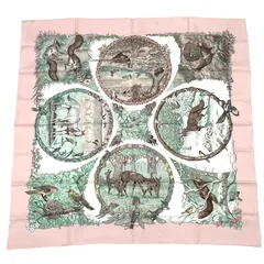 極美品 HERMES エルメス カレ 90 LES QUATRE SAISONS 四季 ブラウン 動物 花 スカーフ シルク ピンク