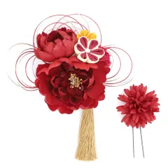 髪飾り 成人式 つまみ細工 振袖 前撮り 袴 2点セット 花 赤 橙色 ゴールド ちりめん 房付き ゆらゆら 花ごころ 造花 大きい 小 No.12-0832