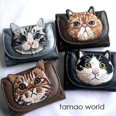 tamao world タマオワールド 猫刺繍 シルバー 三つ折り財布 - メルカリ