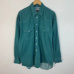 BENETTON ベネトン ウエスタンデニムシャツ 白ステッチ グリーン 48サイズ メンズ 古着 アメカジのサムネイル
