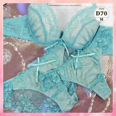 ★D70/M☆美胸ブラ＆ショーツ&Tバックショーツセット ダブルパッド 盛胸 谷間メイク 3点セットヌーディーレース 緑系