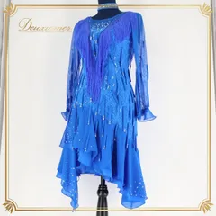 社交ダンス 衣装 ラテン ドレス ワンピース ラテンドレス 青 セキネ SEKINE M レース フリンジ デモ 競技 パーティ 日本製 ブルー系 華やか おしゃれ デザイン 伸縮性 有り フリンジ揺れる 競技用衣装 ダンサー衣装 ときめき 高級感 シンプル