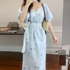 ワンピース ドレス 袖あり 花柄 フラワー ボタニカル ランタンスリーブ レディース エレガント きれいめ カジュアル 五分袖 ミモレ丈 大人 可愛い おしゃれ フェ zzr0615321214351