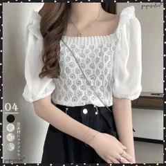 シャツブラウス スクエアネックレディースドッキングシャツ 異素材ミックス パフスリーブ ニットブラウス 韓国風 ショート丈 ニットトップス 春夏 大人可愛い着やせサマーニット 半袖 無地トップス 鎖骨見せ シャツ