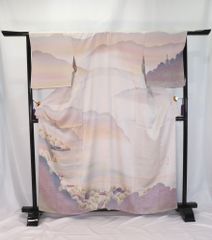 訪問着/単衣/正絹/楼閣山水文様/落款入/一ツ紋「丸に平四ツ目」/スコッチガード加工済/仕立上がり/147～154㎝【ゆずりは】6410