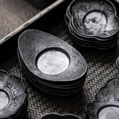 ◇中国古錫茶托　窯高琴永點銅　5客 ◇ Yahoo!オークション - 窯高琴永點銅 古錫製梅蘭竹菊漢詩彫刻茶托