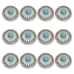 【在庫セール】足つき メタルボタン デージー柄 30mm レザークラフト ターコイズ アクセサリー 12個セット 手芸 ボタン (タイプC) コンチョ