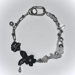 ハンドメイド　パール　ネックレス　チョーカー　ブラック　シルバー　クリア　レース　チェーン　バロックパール　ビーズ