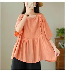 チュニック レディース シャツ クルーネック フレア シャツ 五分袖 カットソー 無地 プルオーバー フリル トップス 薄手 大人 可愛い 夏 カジュアル ナチュラル ふんわり きれいめ 体型カバー 大きいサイズHZQ2413