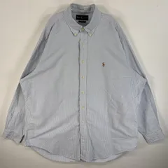 古着 90's/90年代 ラルフローレン RALPH LAUREN 長袖シャツ ワンポイント ロゴ 刺繍 ボタンダウンシャツ オックスフォードシャツ  水色系 ストライプ メンズ