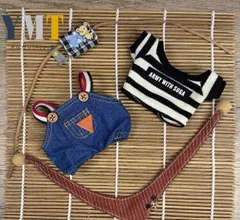 ぬいぐるみ服 17cm Labubu 人形服 ドール服 ブルーデニム風カジュアル4点セット セーター＆オーバーオール＋スカーフ＆ショルダーバッグ labubu対応 撮影小物 ぬい撮り 男の子 女の子兼用 love-027