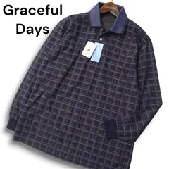 【新品 未使用】 Graceful Days グレイスフルデイズ 通年 チェック 長袖 ポロシャツ Sz.LL メンズ 紺 ネイビー 大きいサイズ