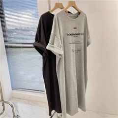 ロングワンピース 半袖 Tシャツワンピ 英字プリント レディース クルーネック ワンピース 夏 ロング丈 マキシワンピース スリット入り カジュアル 体型カバー 着痩せ マタニティ ゆったり 肌触り 柔らかい 楽ちん xzxiaoyun440