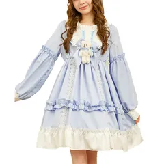 [Takusan Shopping] ロリィタ コスプレ 甘ロリ ワンピース ドレス ロリータ ブラウス ゴスロリ スカート 衣装 ハロウィン フリフリ 撮影会 お姫様 ぬいぐるみ 地雷系 リボン レース ボリューム コスチューム ステージ 姫ロリ [ブルー]