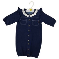 CROISSANCE　BEBE　ベビー服　ロンパース　長袖　50～70㎝　デニムダンガリー前開き　フリル　つなぎ　襟付き