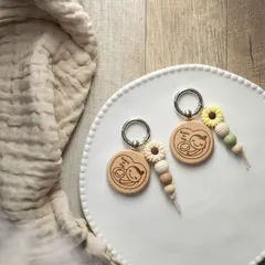 マタニティマーク 木製 キーホルダー シリコン フラワー 花 ビーズ ウッド 安産祈願 マタニティ