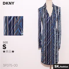 ★訳あり★ DKNY ダナ・キャラン ワンピース ひざ丈 長袖 幾何学柄 ストレッチ素材 大人クールスタイル 　ブルー　 【SP375-00】 送料無料　古着　レディース