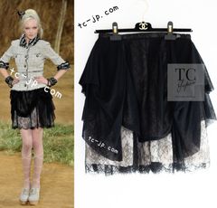 シャネル 美脚 スカート CHANEL ブラック 黒 ベージュ リネン 春夏 サマー シルク シフォン レース ミニ フレア 超美品 38 カールラガーフェルド 激レア ランウェイ登場