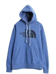 【お得なクーポン配布中!】 ノースフェイス プリント スウェット フード パーカー メンズ L / 古着 The North Face スエット プルオーバー 裏起毛 トレーナー ブルー