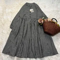 新品 ギャザーワンピース ネル ブラック アイボリー チェック M〜L