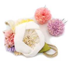 髪飾り ３点セット  京都 西陣 和小物 京あそび 椿 つまみ細工 白 成人式 花 和風 浴衣 着物 振袖 袴 七五三 子供 キッズ 結婚式お呼ばれ 卒業式 入学式 ヘアアクセサリー コーム 髪留め 日本製 W 85 CM-4-760 u991　Si