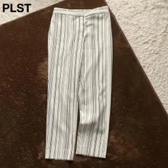 PLST プラステ 美脚 ストライプパンツ ウエストゴム リネン混 きれいめ 通勤 Mサイズ ホワイト ネイビー ウォッシャブル