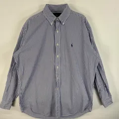 古着 90's/90年代 ラルフローレン RALPH LAUREN 長袖シャツ ワンポイント ロゴ 刺繍 ボタンダウンシャツ M  ブルー系 ストライプ メンズ