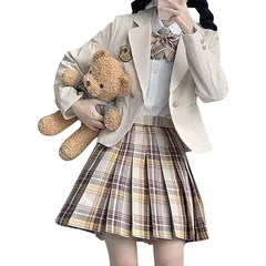 [cnstone] 女子高生 制服 学生服 セーラー服 JK制服 女子高生 高校制服 5点セット リボン ブレザー スカート チェック セット スクール ファッション レディース お揃い 卒業式スーツ ハロウィン コスプレ (XXL, ベージュ)