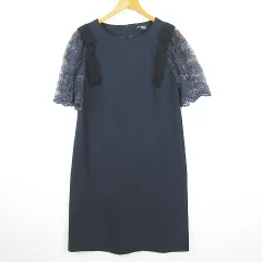 ユニバーバル ミューズ UNIVERVAL MUSE ワンピース ドレス 膝下丈 半袖 ネイビー レース リボン kz7982