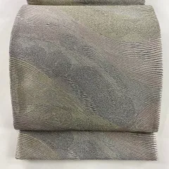 袋帯 美品 秀品 落款 幾何学模様 金銀糸 灰色 全通 正絹 【中古】