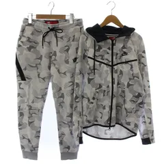 ナイキ NIKE セットアップ 上下 TECH FLEECE AOP WIND RUNNER テックフリース ウィンドランナー パーカー ジップアップ ジョガーパンツ スウェット 迷彩 カモフラ 総柄 ロゴ プリント S 白 ホワイト グレー