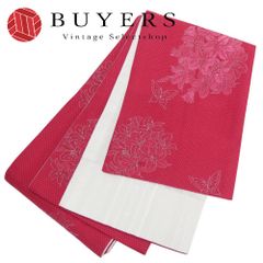 【中古】 半幅帯 リバーシブル ポリエステル ピンク シルバー パールホワイト 小袋帯 蝶と百合 ストライプ 和装 呉服 和服 きもの レディース 女性