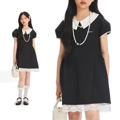 【新品】 [Barry Banny] 子供 ワンピース フォーマル 女の子 半袖 黒 ドレス パフスリーブ 角襟 白襟 レース裾 発表会 裏地付き キッズ