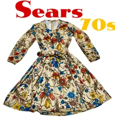 70s Vintage Sears ワンピース　マキシワンピース　ベルト付き　　花柄　ボタニカルポリエステル
