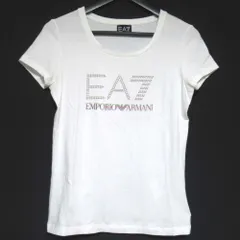 美品 EA7 エンポリオアルマーニ イーエーセブン ラインストーンロゴ 半袖 Tシャツ カットソー Sサイズ ホワイト レディース 古着 中古 USED