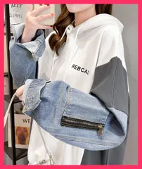 【スタッフおすすめ！】 ドッキングパーカー フード付きトレーナー 体型カバーゆったり/着やせトレーナー女/プルオーバー韓国風 デニム切り替えスウェット 薄手 オーバ おすすめ おしゃれ　かわいい　人気 2YIGULI-026