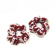 赤 レースフリル付 花柄デザインシュシュ