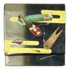 袋帯 幅30.5cm 長さ425cm レディース 楽器 秋冬春用 正絹（シルク）グリーン 美品 作家物 リメイク リユース リサイクル【呉服のきくや】