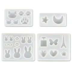 【特価商品】レジン型 ソフトモールド 4個セット うさぎ ネコ 爪 星月 蝶 メガネ タワー 瓶 ハート シリコン モールド アクセサリー パーツ (兎・ネコ爪・星月)